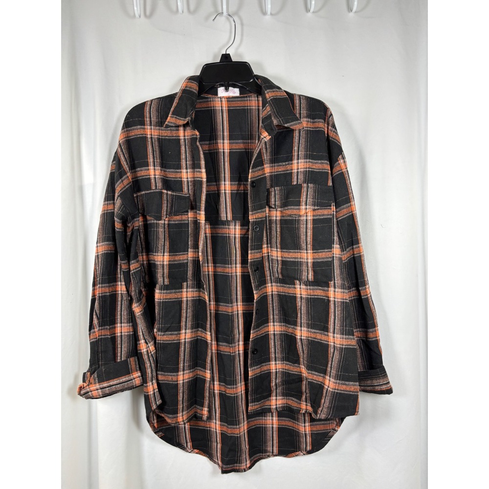 Pink Lily Black Orange Plaid Flannel Button Down Shirt Large PL181 High Low